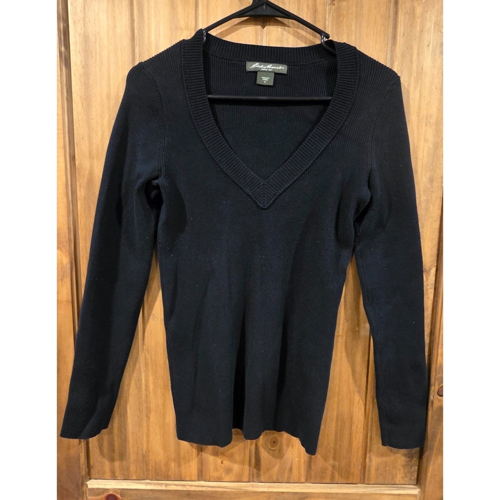 Eddie‎ Bauer Pullover Sweater Womens Size M Black Knitted V-Neck Long Sleeve